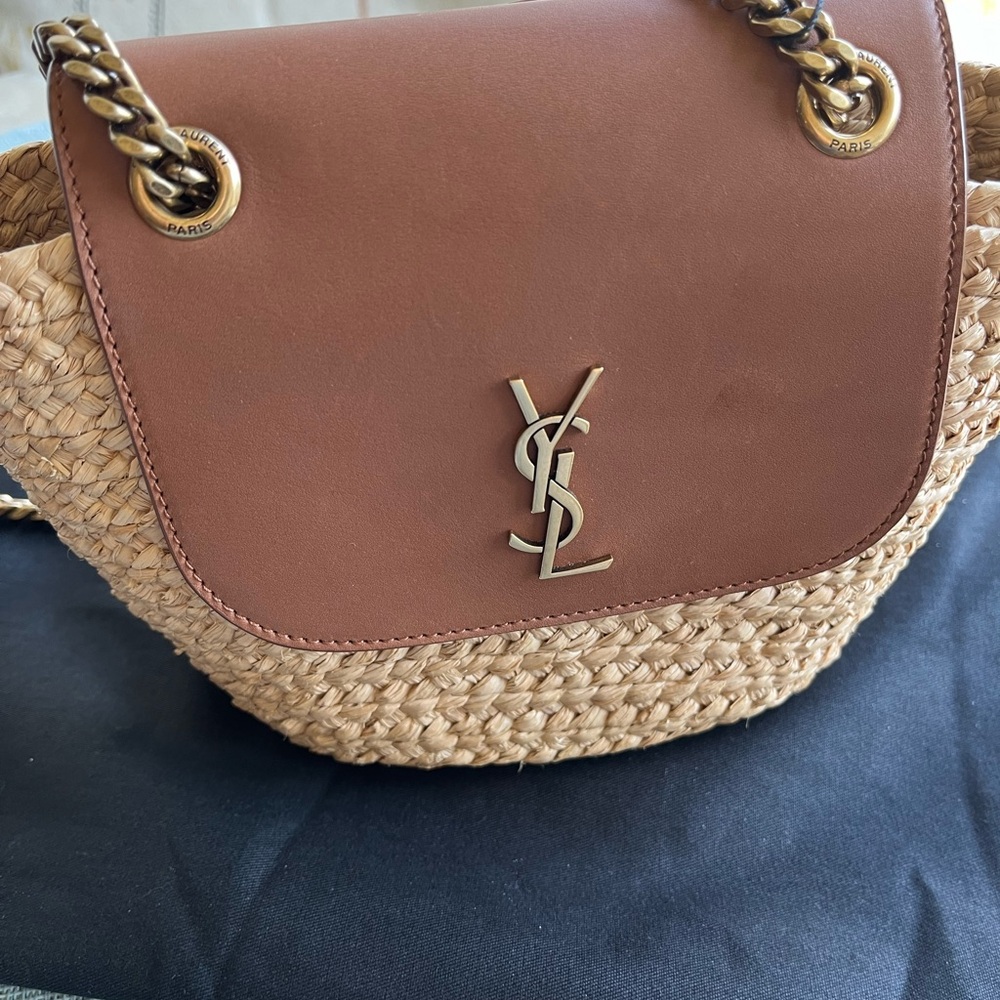 SAINT LAURENT Manon Mini Leather-trimmed Raffia Shoulder Bag RARE